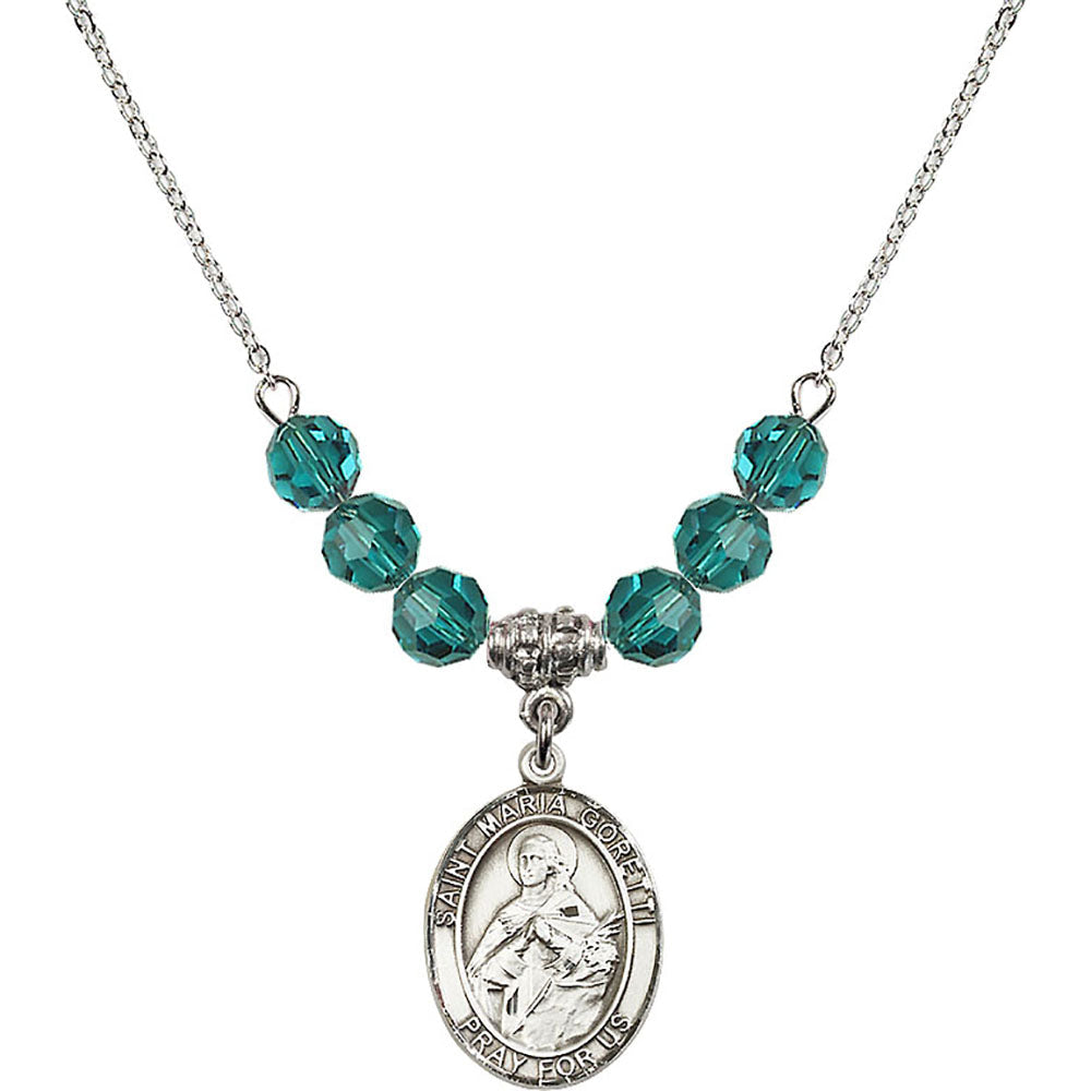 Sterling Silver Saint Maria Goretti Birthstone Necklace with Zircon Beads - 8208