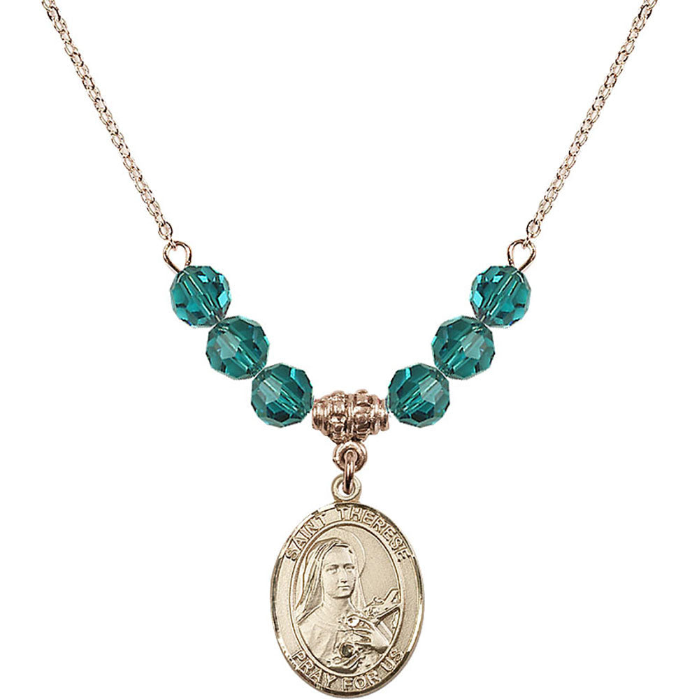 14kt Gold Filled Saint Therese of Lisieux Birthstone Necklace with Zircon Beads - 8210