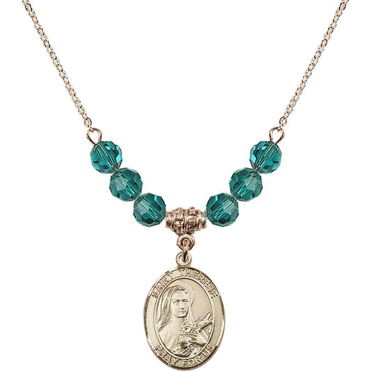 14kt Gold Filled Saint Therese of Lisieux Birthstone Necklace with Zircon Beads - 8210