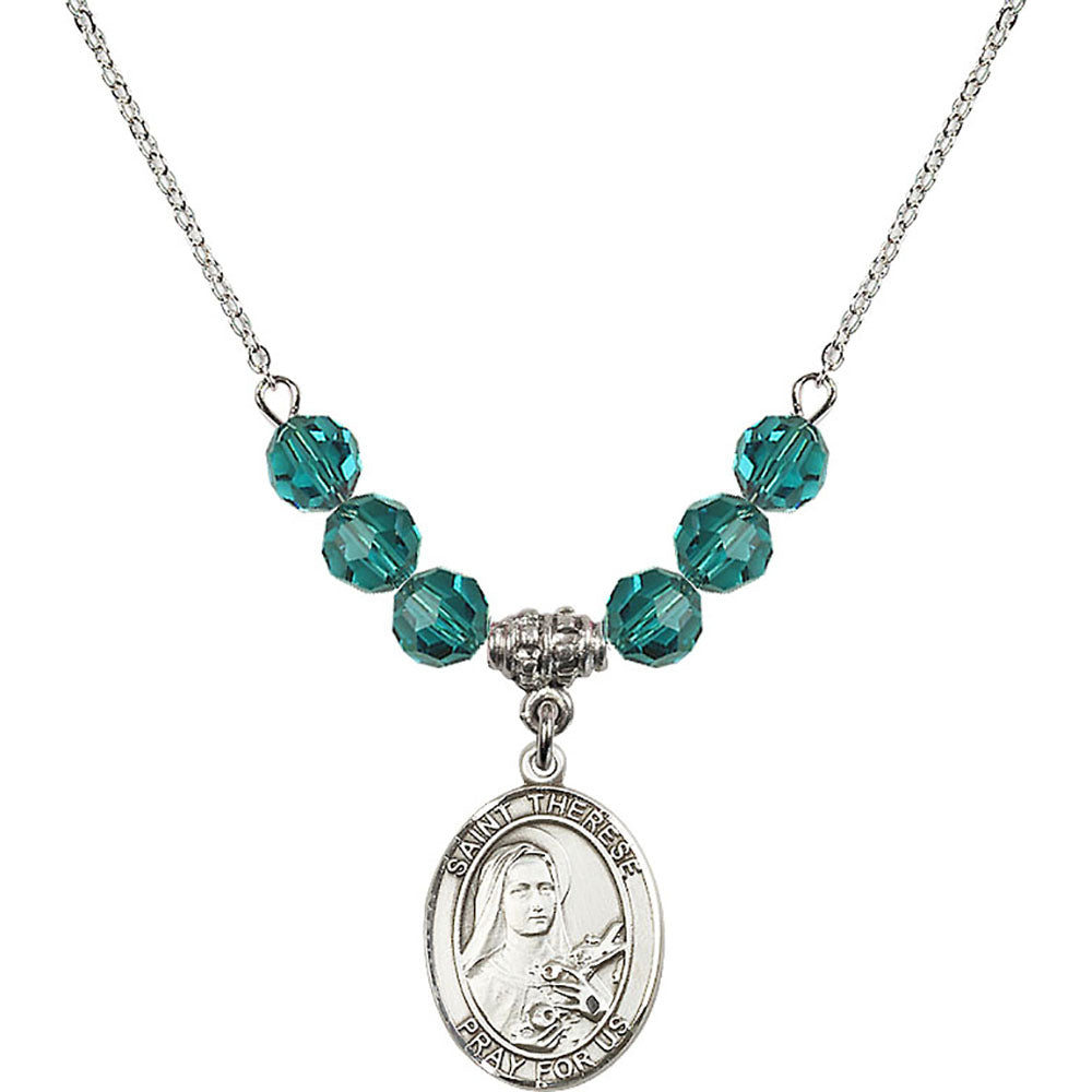 Sterling Silver Saint Therese of Lisieux Birthstone Necklace with Zircon Beads - 8210