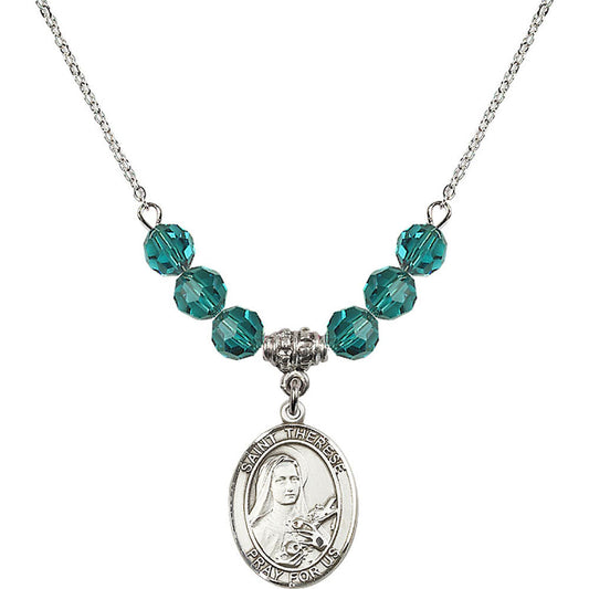 Sterling Silver Saint Therese of Lisieux Birthstone Necklace with Zircon Beads - 8210
