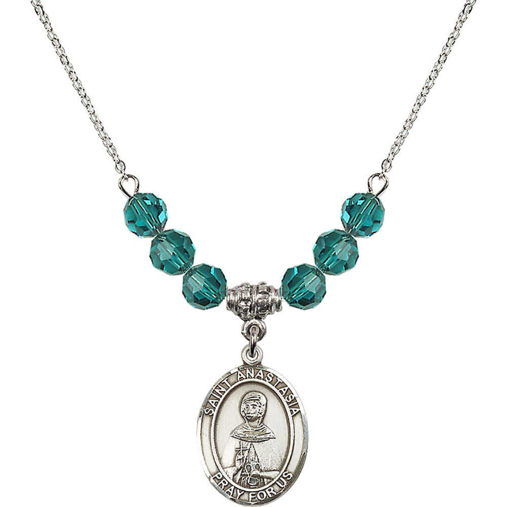 Sterling Silver Saint Anastasia Birthstone Necklace with Zircon Beads - 8213