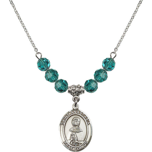 Sterling Silver Saint Anastasia Birthstone Necklace with Zircon Beads - 8213