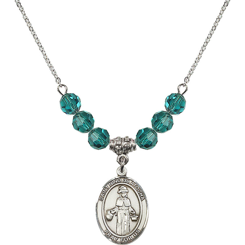 Sterling Silver Saint Nino de Atocha Birthstone Necklace with Zircon Beads - 8214