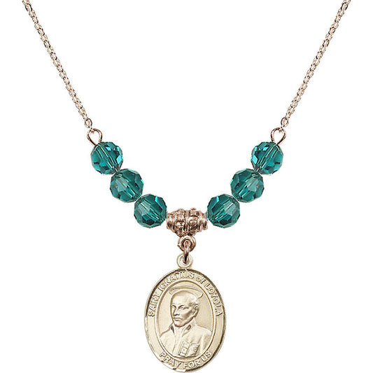 14kt Gold Filled Saint Ignatius of Loyola Birthstone Necklace with Zircon Beads - 8217