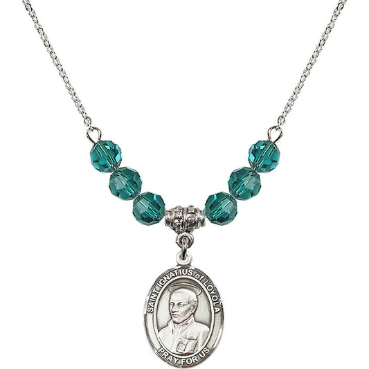 Sterling Silver Saint Ignatius of Loyola Birthstone Necklace with Zircon Beads - 8217