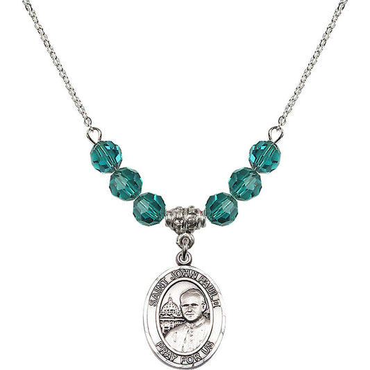 Sterling Silver Saint John Paul II Birthstone Necklace with Zircon Beads - 8234