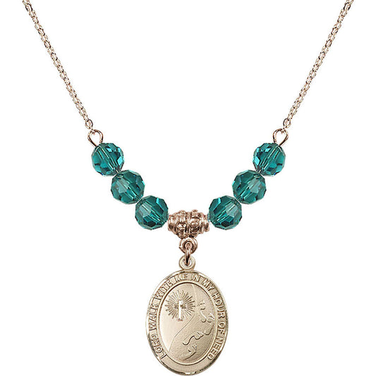 14kt Gold Filled Footprints / Cross Birthstone Necklace with Zircon Beads - 8237