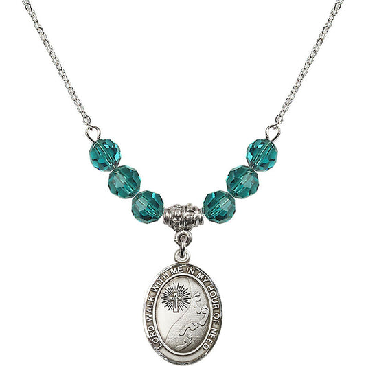 Sterling Silver Footprints / Cross Birthstone Necklace with Zircon Beads - 8237