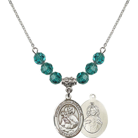 Sterling Silver Our Lady of Mount Carmel Birthstone Necklace with Zircon Beads - 8243