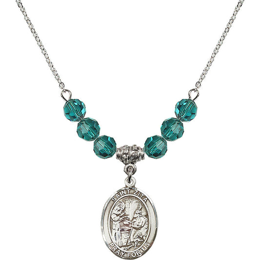 Sterling Silver Saint Zita Birthstone Necklace with Zircon Beads - 8244