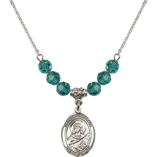 Sterling Silver Saint Perpetua Birthstone Necklace with Zircon Beads - 8272
