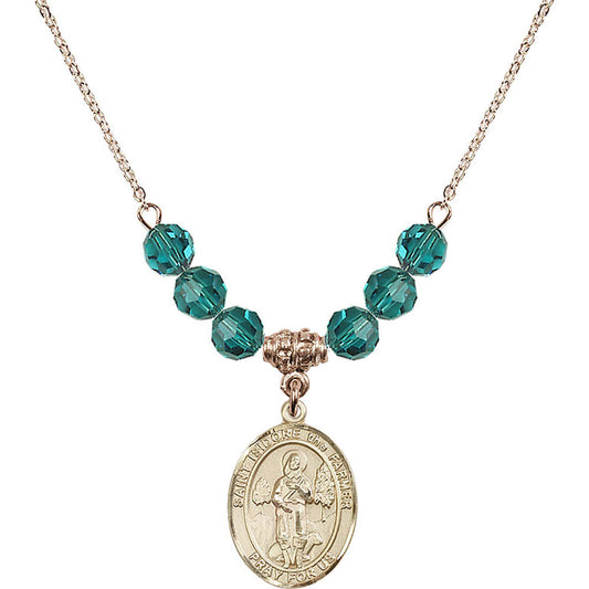14kt Gold Filled Saint Isidore the Farmer Birthstone Necklace with Zircon Beads - 8276