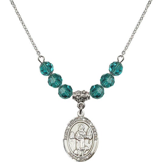 Sterling Silver Saint Isidore the Farmer Birthstone Necklace with Zircon Beads - 8276