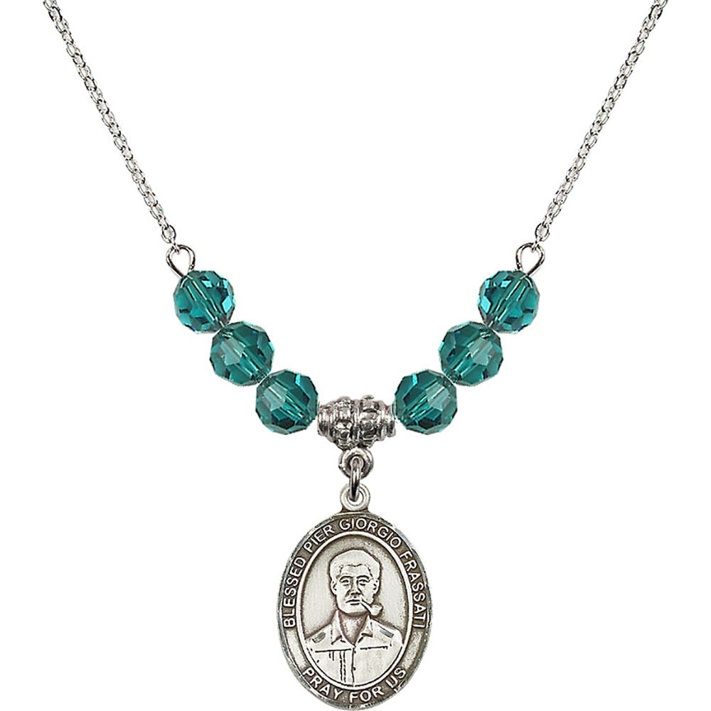 Sterling Silver Blessed Pier Giorgio Frassati Birthstone Necklace with Zircon Beads - 8278