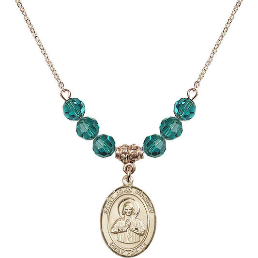 14kt Gold Filled Saint John Vianney Birthstone Necklace with Zircon Beads - 8282