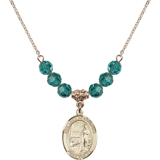 14kt Gold Filled Our Lady of Lourdes Birthstone Necklace with Zircon Beads - 8288