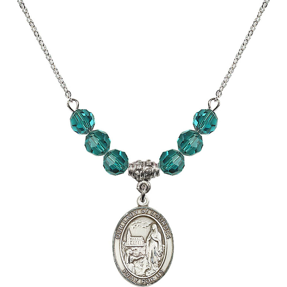 Sterling Silver Our Lady of Lourdes Birthstone Necklace with Zircon Beads - 8288