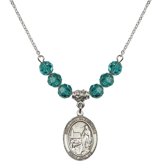 Sterling Silver Our Lady of Lourdes Birthstone Necklace with Zircon Beads - 8288