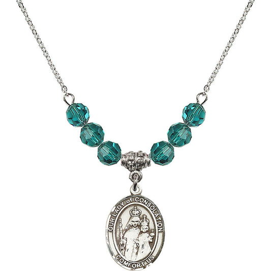 Sterling Silver Our Lady of Consolation Birthstone Necklace with Zircon Beads - 8292