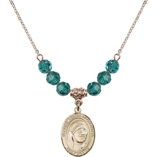 14kt Gold Filled Saint Teresa of Calcutta Birthstone Necklace with Zircon Beads - 8295