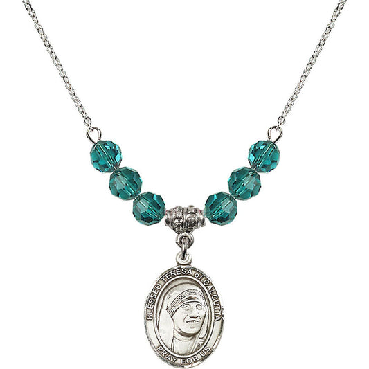 Sterling Silver Saint Teresa of Calcutta Birthstone Necklace with Zircon Beads - 8295