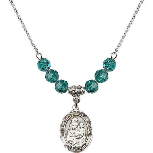 Sterling Silver Our Lady of Prompt Succor Birthstone Necklace with Zircon Beads - 8299