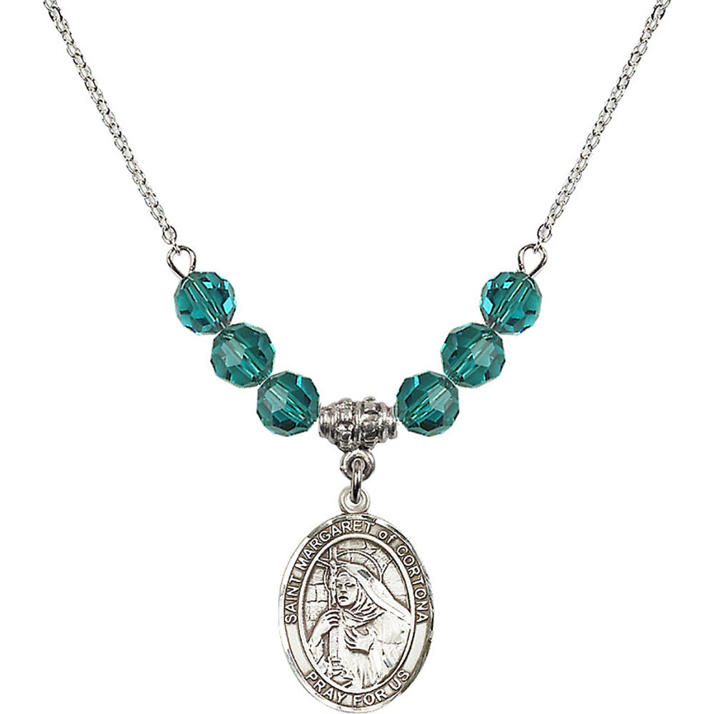 Sterling Silver Saint Margaret of Cortona Birthstone Necklace with Zircon Beads - 8301