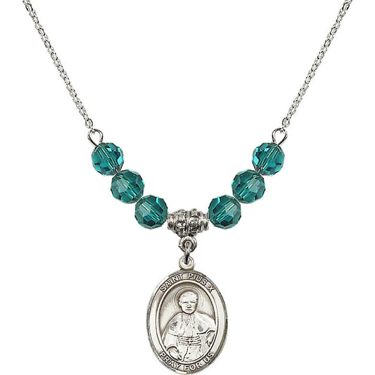 Sterling Silver Saint Pius X Birthstone Necklace with Zircon Beads - 8305