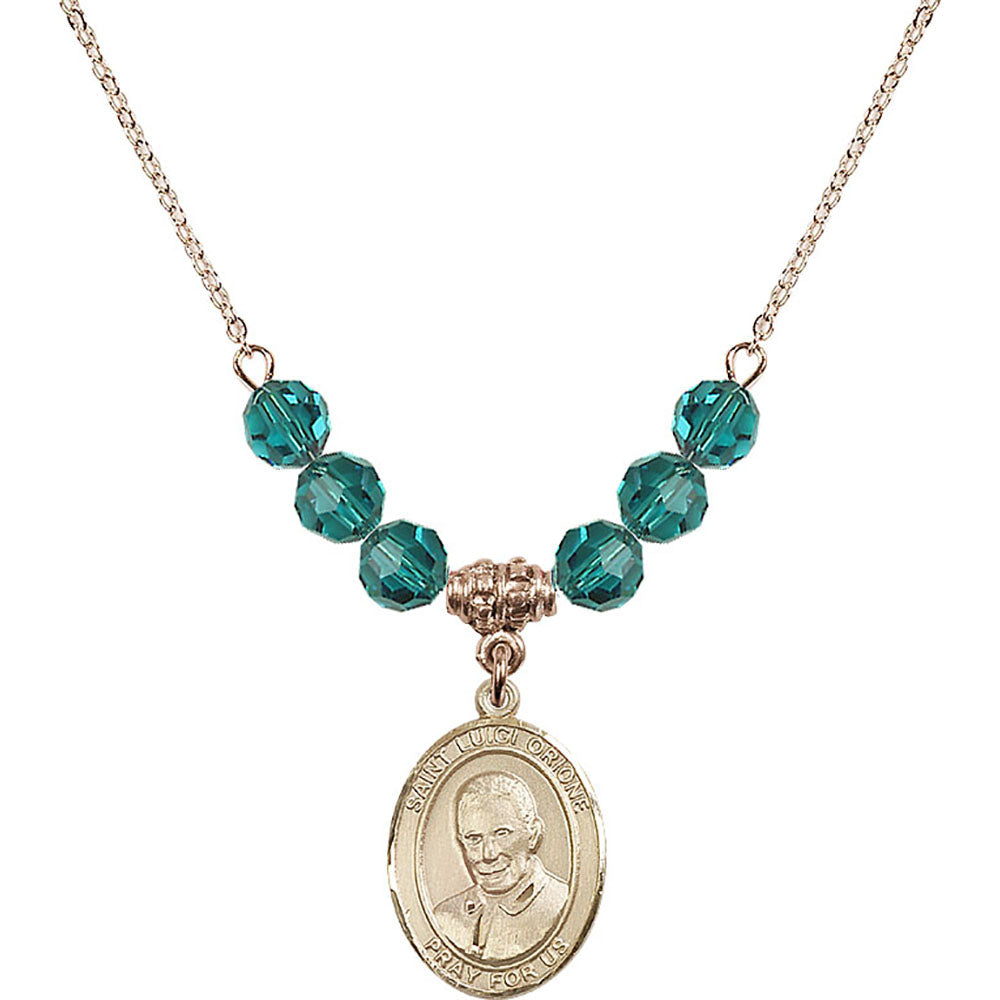 14kt Gold Filled Saint Luigi Orione Birthstone Necklace with Zircon Beads - 8326