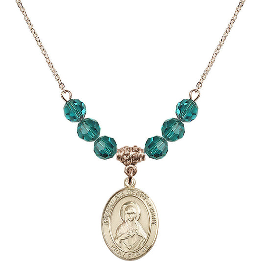 14kt Gold Filled Immaculate Heart of Mary Birthstone Necklace with Zircon Beads - 8337