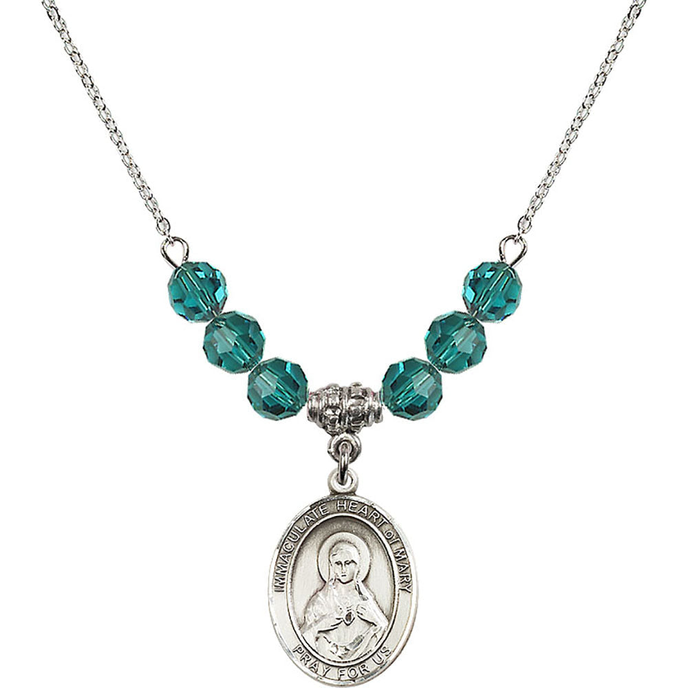 Sterling Silver Immaculate Heart of Mary Birthstone Necklace with Zircon Beads - 8337