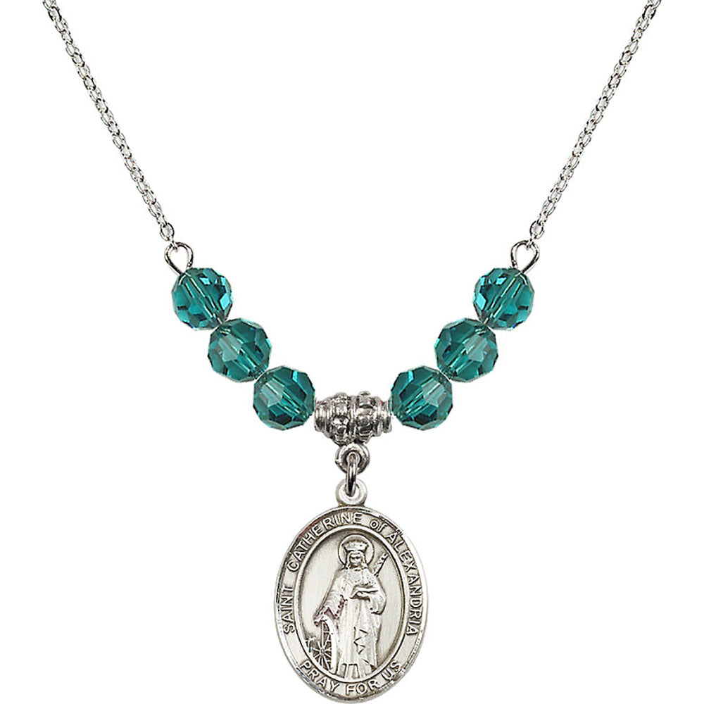 Sterling Silver Saint Catherine of Alexandria Birthstone Necklace with Zircon Beads - 8343