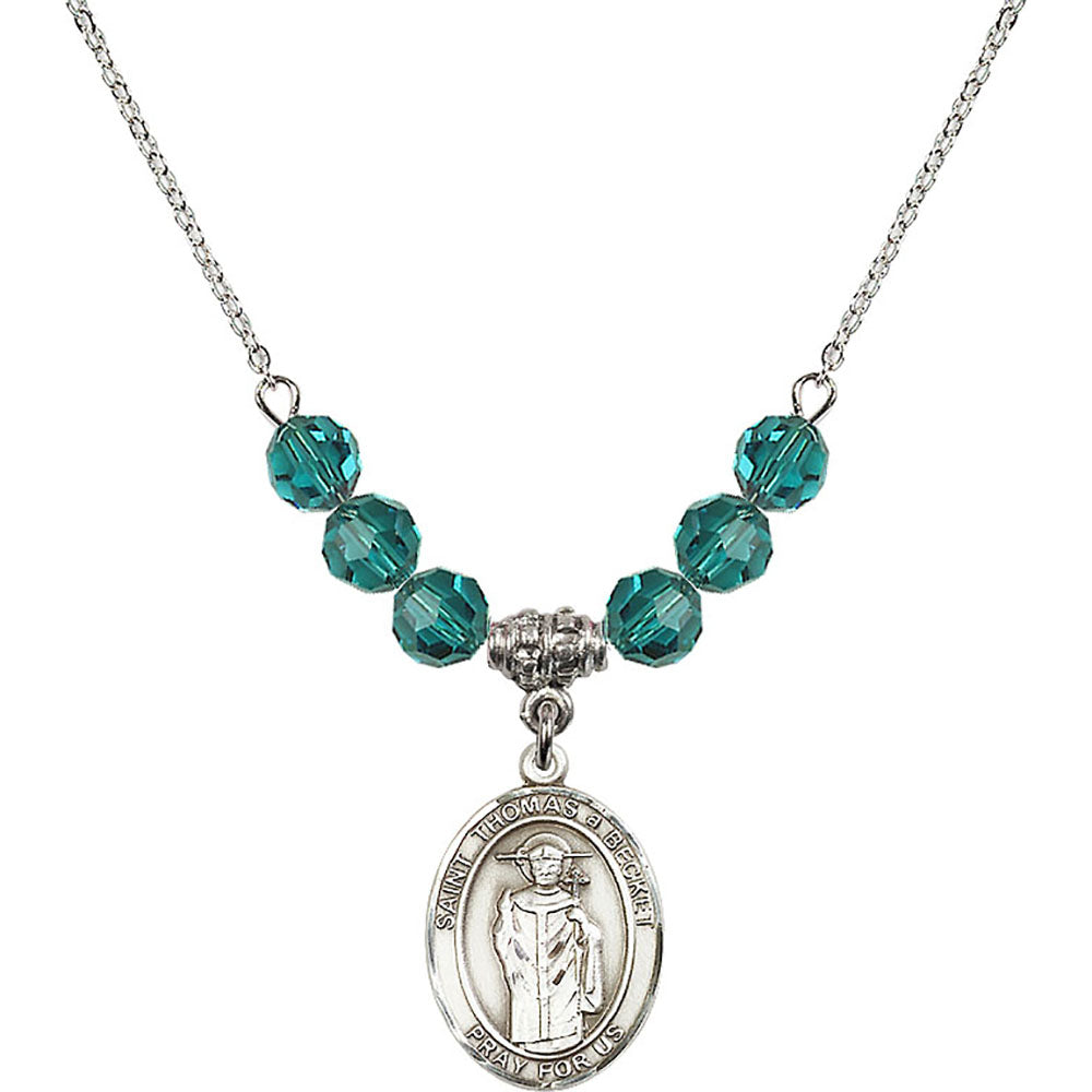 Sterling Silver Saint Thomas A Becket Birthstone Necklace with Zircon Beads - 8344