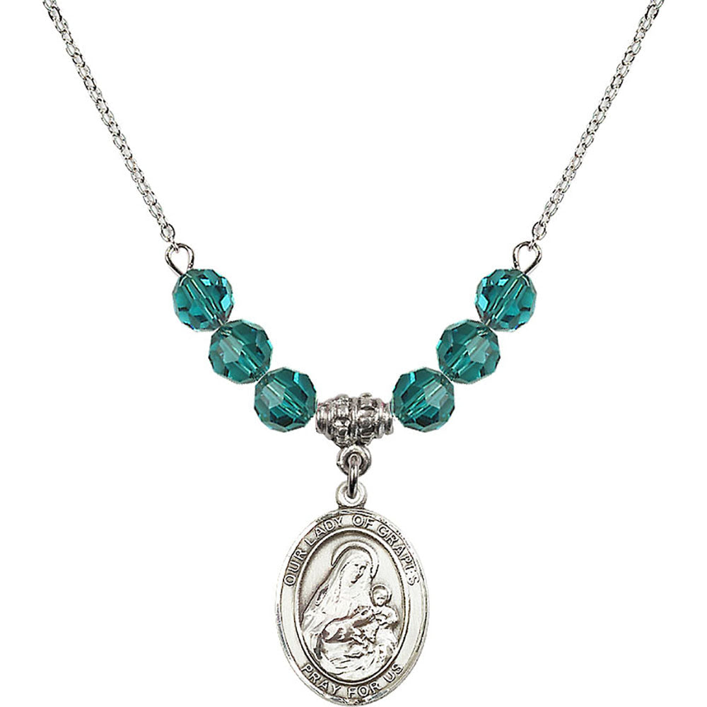 Sterling Silver Our Lady of Grapes Birthstone Necklace with Zircon Beads - 8347