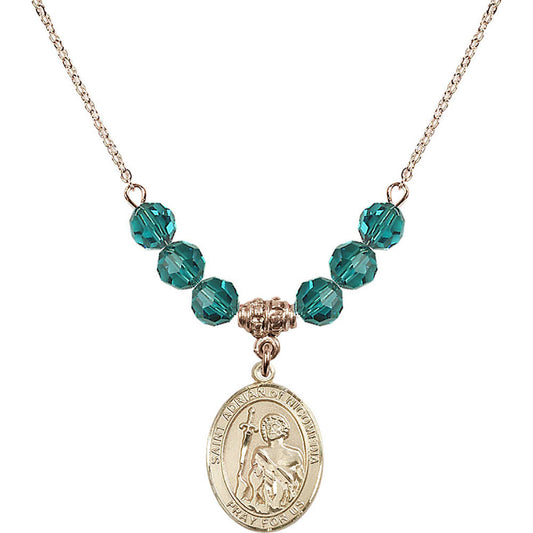 14kt Gold Filled Saint Adrian of Nicomedia Birthstone Necklace with Zircon Beads - 8353