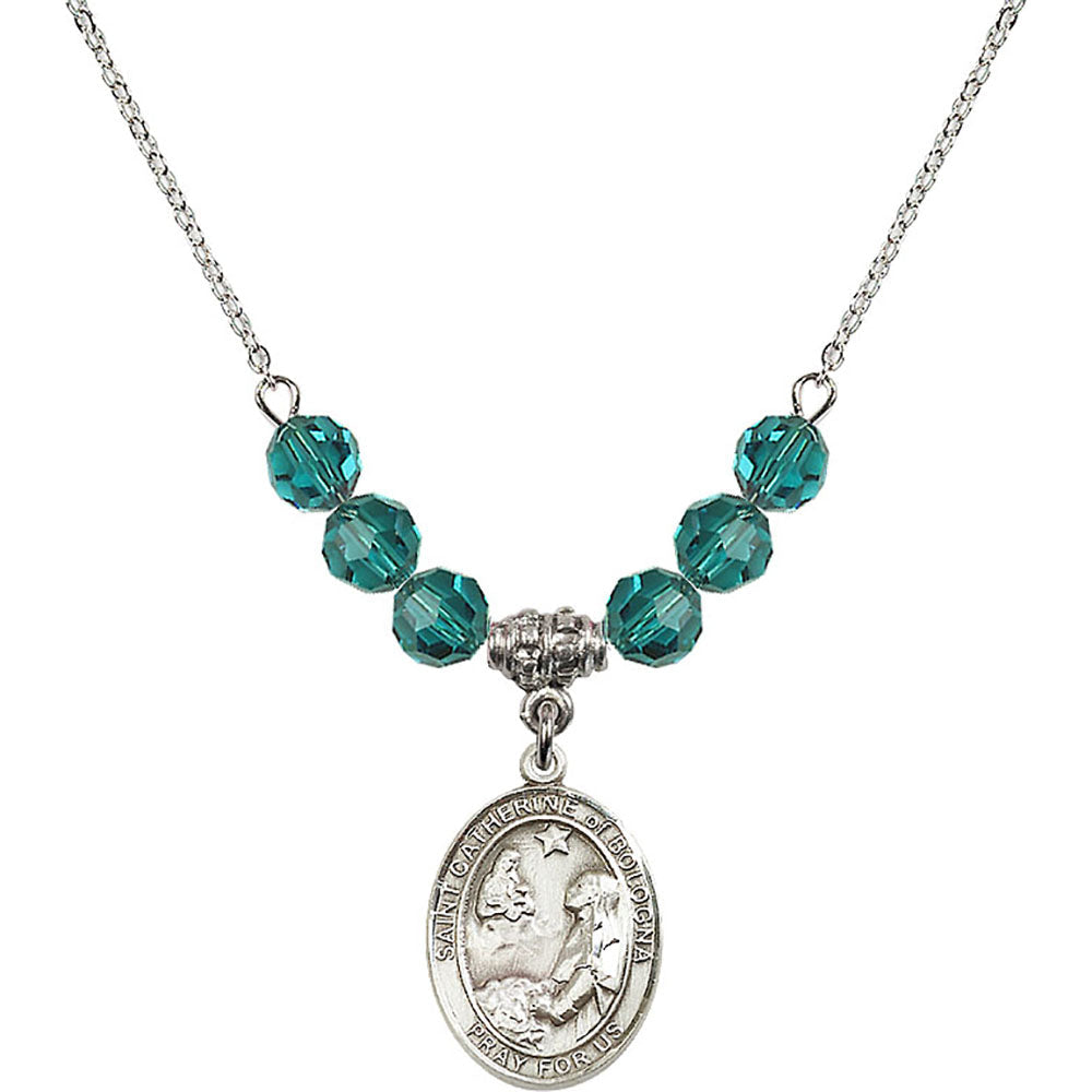 Sterling Silver Saint Catherine of Bologna Birthstone Necklace with Zircon Beads - 8354