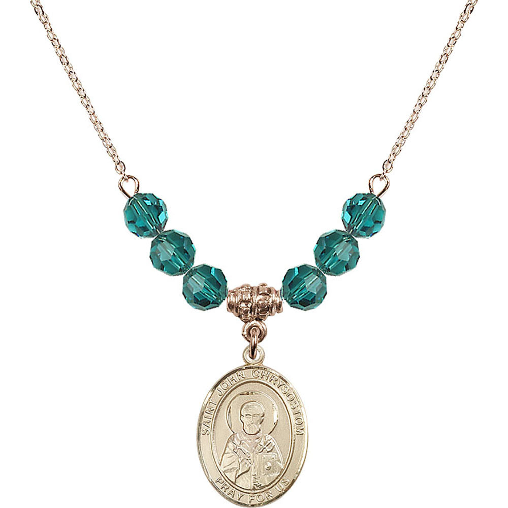 14kt Gold Filled Saint John Chrysostom Birthstone Necklace with Zircon Beads - 8357