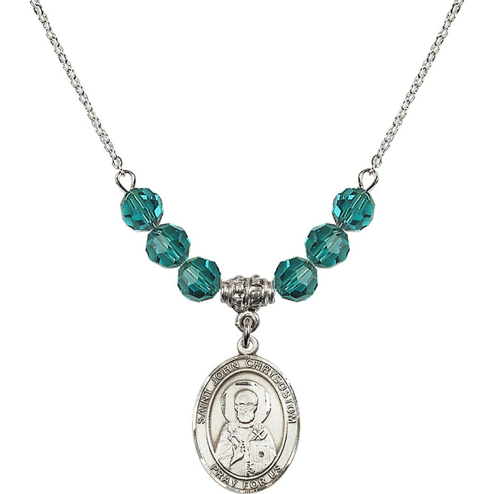 Sterling Silver Saint John Chrysostom Birthstone Necklace with Zircon Beads - 8357