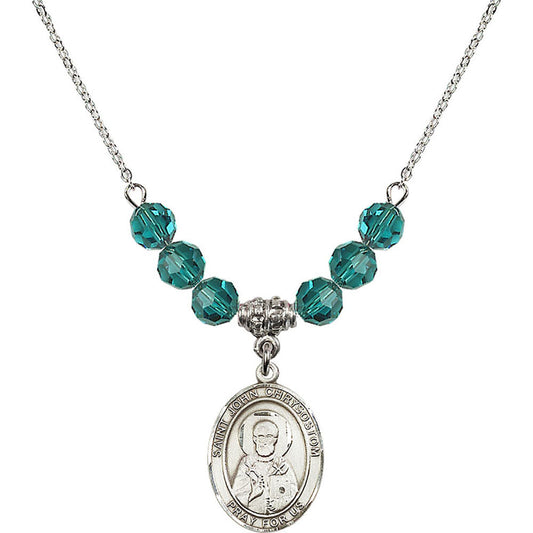 Sterling Silver Saint John Chrysostom Birthstone Necklace with Zircon Beads - 8357