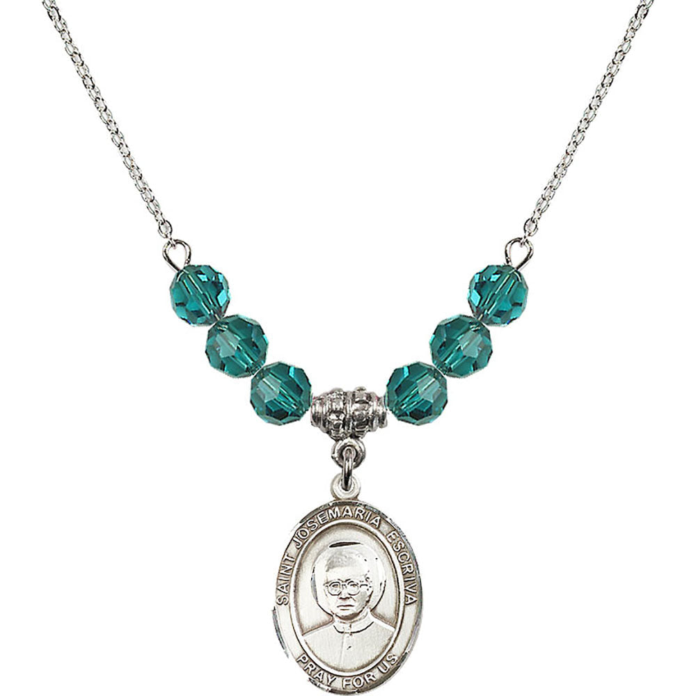 Sterling Silver Saint Josemaria Escriva Birthstone Necklace with Zircon Beads - 8362