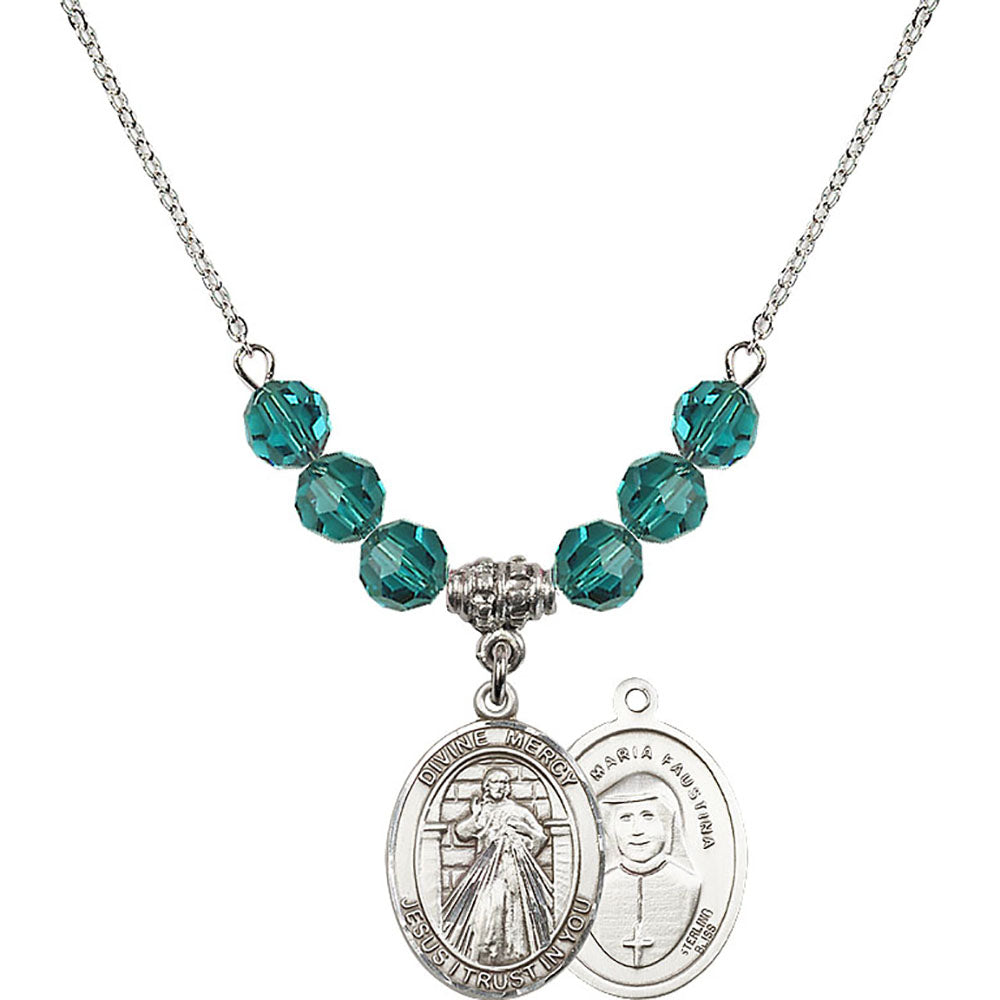 Sterling Silver Divine Mercy Birthstone Necklace with Zircon Beads - 8366