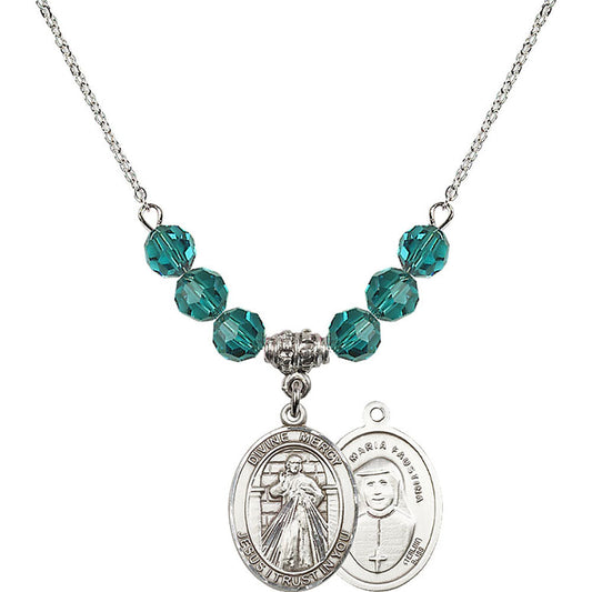 Sterling Silver Divine Mercy Birthstone Necklace with Zircon Beads - 8366