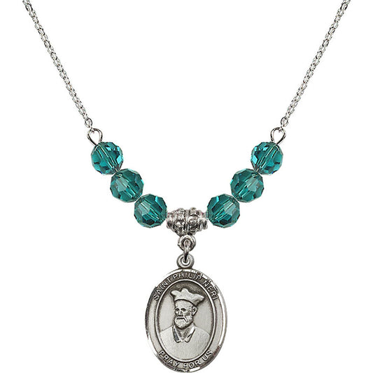 Sterling Silver Saint Philip Neri Birthstone Necklace with Zircon Beads - 8369
