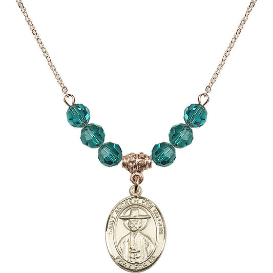 14kt Gold Filled Saint Andrew Kim Taegon Birthstone Necklace with Zircon Beads - 8373