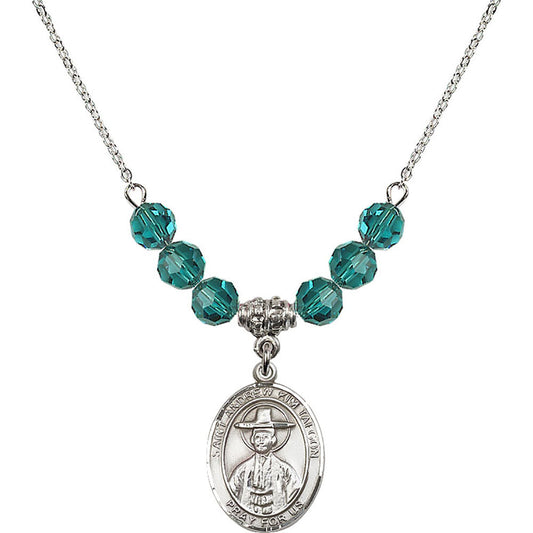 Sterling Silver Saint Andrew Kim Taegon Birthstone Necklace with Zircon Beads - 8373