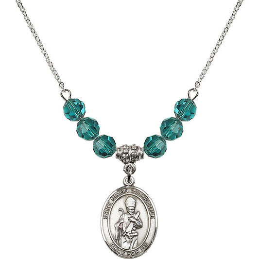Sterling Silver Saint Simon the Apostle Birthstone Necklace with Zircon Beads - 8375