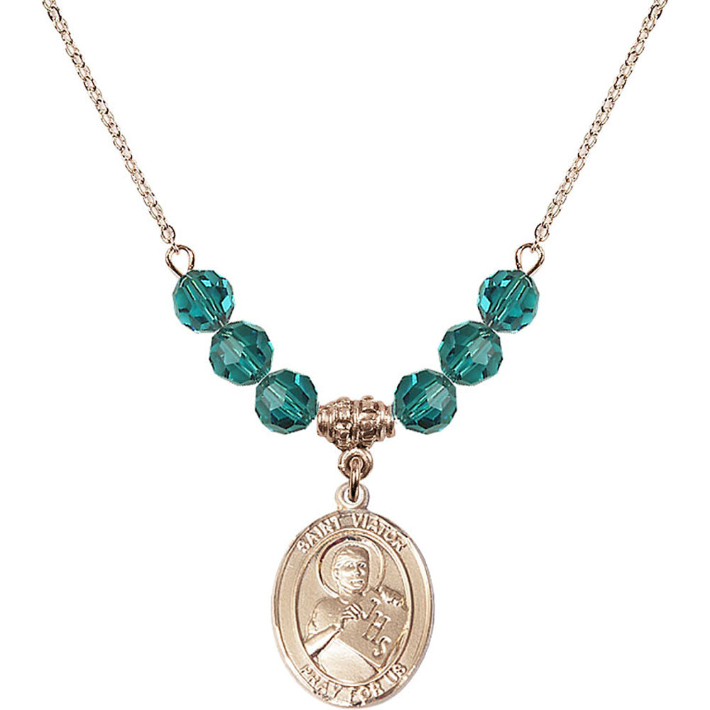 14kt Gold Filled Saint Viator of Bergamo Birthstone Necklace with Zircon Beads - 8408