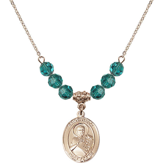 14kt Gold Filled Saint Viator of Bergamo Birthstone Necklace with Zircon Beads - 8408