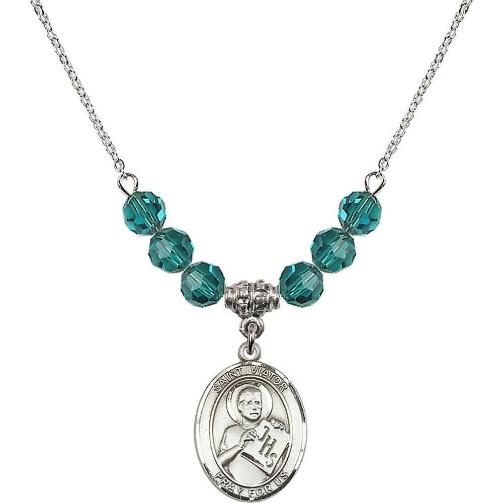 Sterling Silver Saint Viator of Bergamo Birthstone Necklace with Zircon Beads - 8408